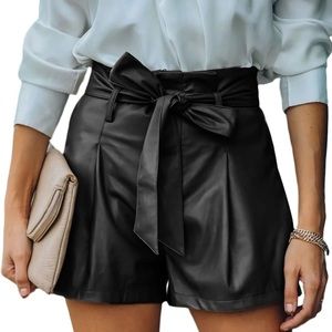High Waisted Black Leather Shorts with Tie